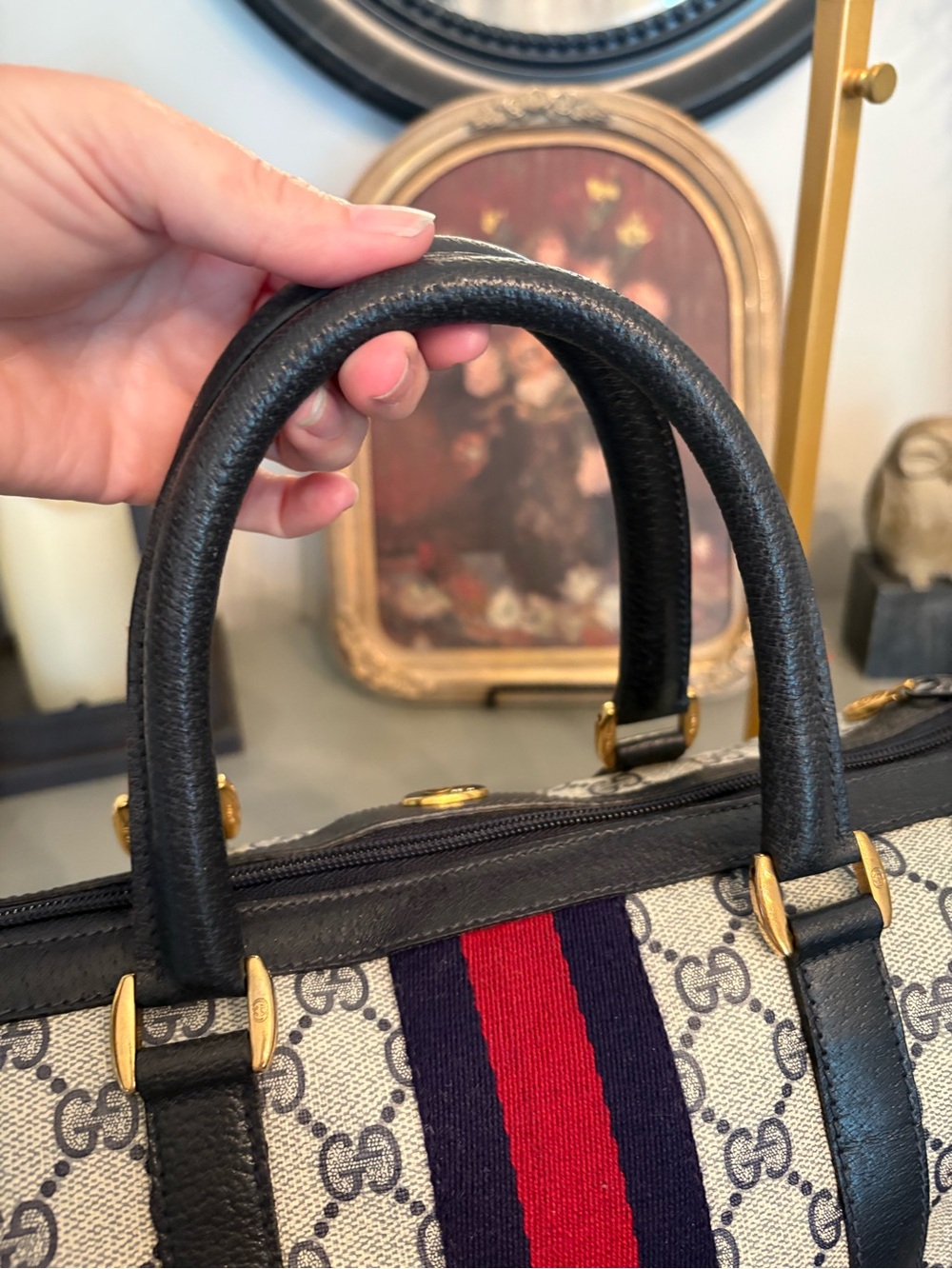 Gucci Vintage GG Supreme Mono Boston Bag-Navy/Red Web Stripe - Picture 8 of 16